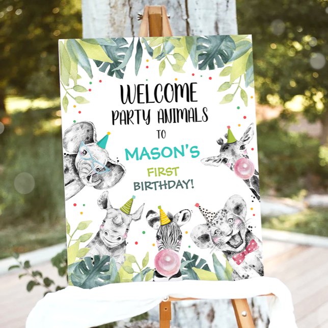 Poster Sinal de Mesa de Aniversário do Safari Animal Boy (Criador carregado)