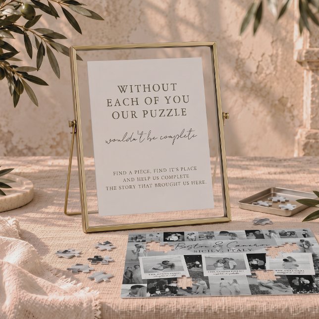 Poster Sinal de Mesa de Atividade de Puzzle de Casamento  (Wedding Puzzle Activity Table Sign Minimalist with puzzle on linen table destination wedding ivory)