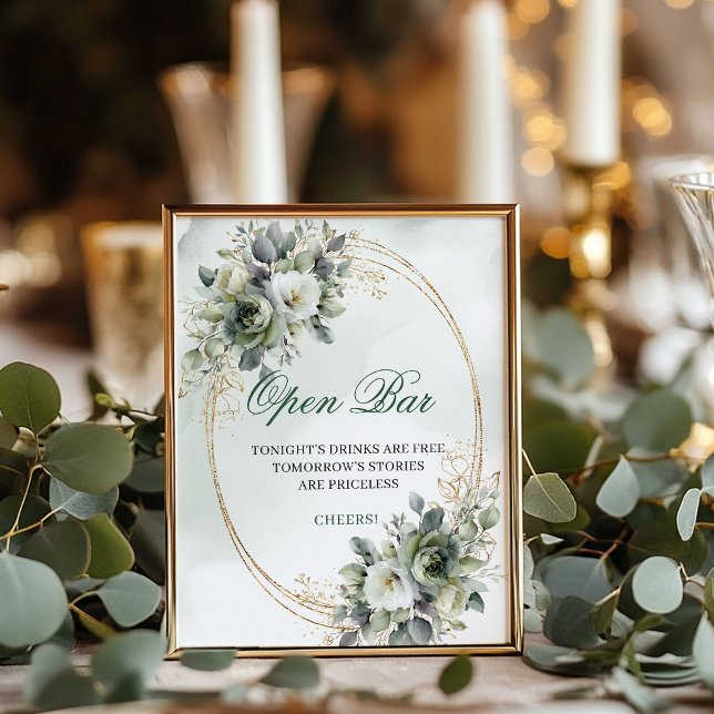 Poster Sinal de Mesa de Bar Aberto Boho Greenery Dourado  (Boho Greenery Open Bar 8x10 Tabletop Sign Gold)
