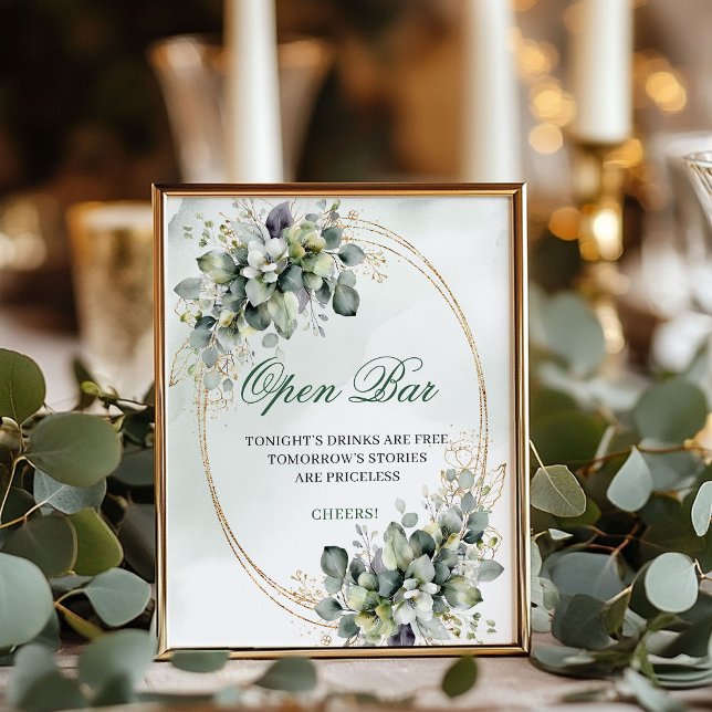 Poster Sinal de Mesa de Bar Aberto Botânico Verde Sálvia (Sage Green Botanical Open Bar Tabletop Sign)