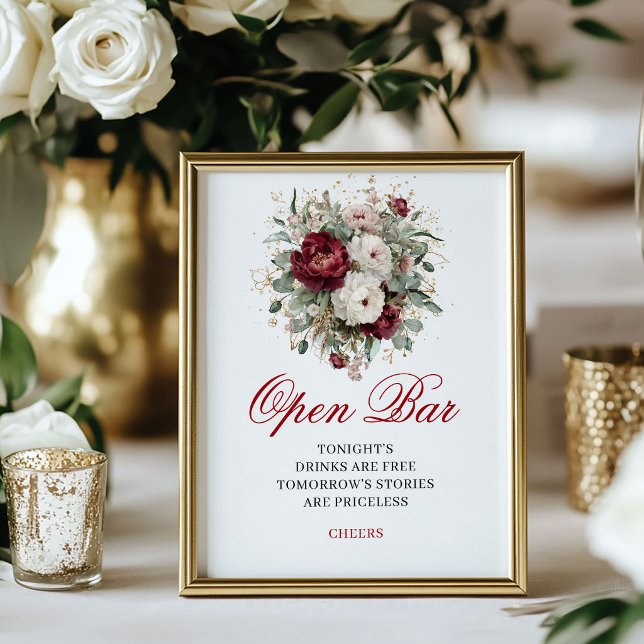 Poster Sinal de Mesa de Bar Aberto Burgundy Blush Estilos (Stylish Blush Burgundy Open Bar Tabletop Sign)