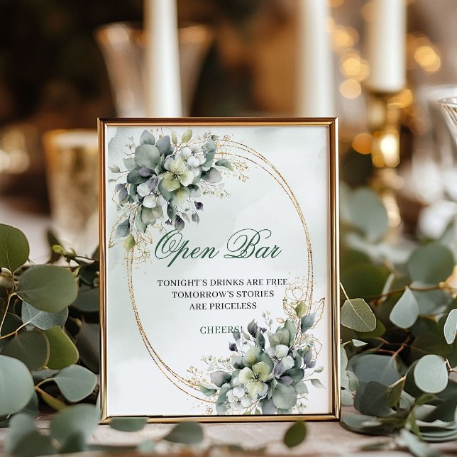 Poster Sinal de Mesa de Bar Aberto com Verde Boêmio Doura (Bohemian Greenery Open Bar Gold Tabletop Sign)