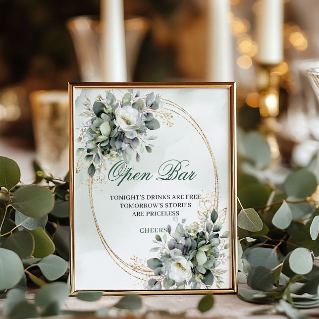Poster Sinal de Mesa de Bar Aberto em Ouro Verde Botânico (Botanical Green Gold Open Bar Tabletop Sign)
