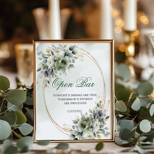 Poster Sinal de Mesa de Bar Aberto Folhagem Verde Sálvia (Sage Green Foliage Open Bar Tabletop Sign)
