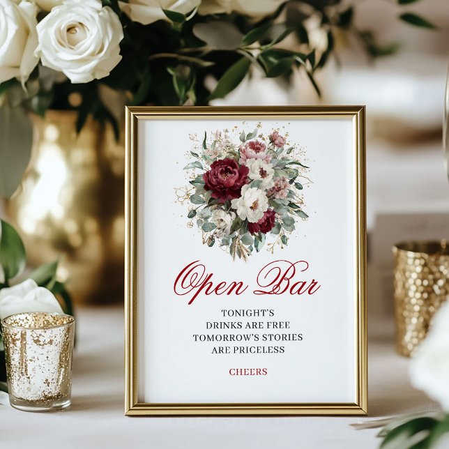Poster Sinal de Mesa de Bar Aberto Luxo Blush Burgundy (Luxe Blush Burgundy Open Bar Tabletop Sign)