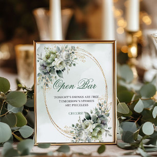 Poster Sinal de Mesa de Bar Aberto Verde e Dourado Boho