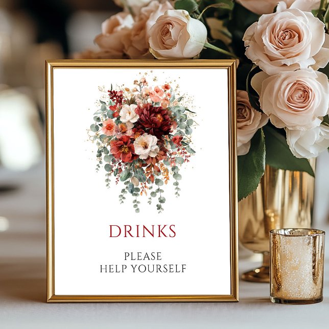 Poster Sinal de Mesa de Bebidas Boho Vermelho Intenso Euc (Deep Red Boho Eucalyptus Drinks Tabletop Sign

)