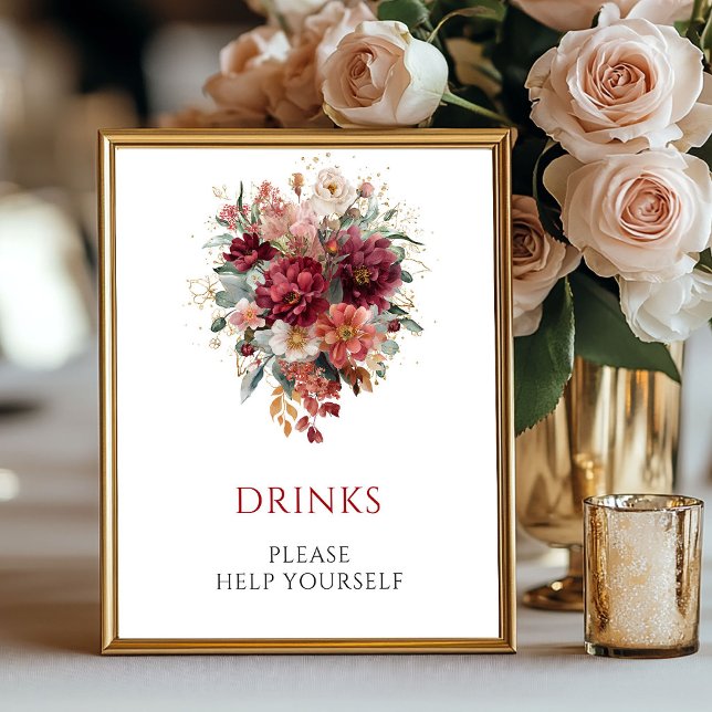 Poster Sinal de mesa de bebidas de outono com Eucalipto B (Burgundy Eucalyptus Fall Drinks Tabletop Sign

)