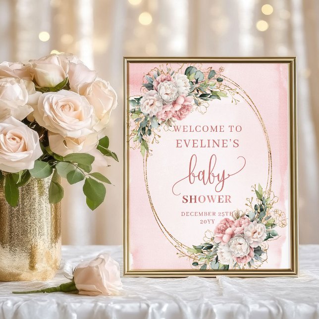 Poster Sinal de mesa de Bem-vindo ao Chá de Bebê em Rosa  (Rose Gold Floral Welcome Baby Shower Tabletop Sign)