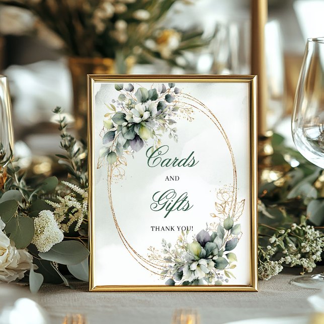Poster Sinal de Mesa de Cartões e Presentes em Aquarela V (Watercolor Dusty Green Cards And Gifts Table Sign)