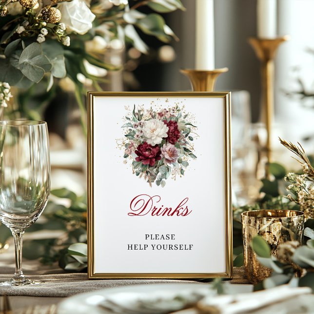 Poster Sinal de Mesa de Drinks Elegante Rosa Bege Burgund (Stylish Blush Burgundy Drinks 8x10 Tabletop Sign)