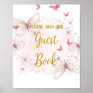 Poster Sinal de Mesa de Livro de Convidado Rosa e Dourado