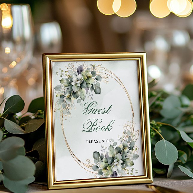 Poster Sinal de Mesa de Livro de Visitas Botânico em Aqua (Watercolor Botanical Guest Book Tabletop Sign)