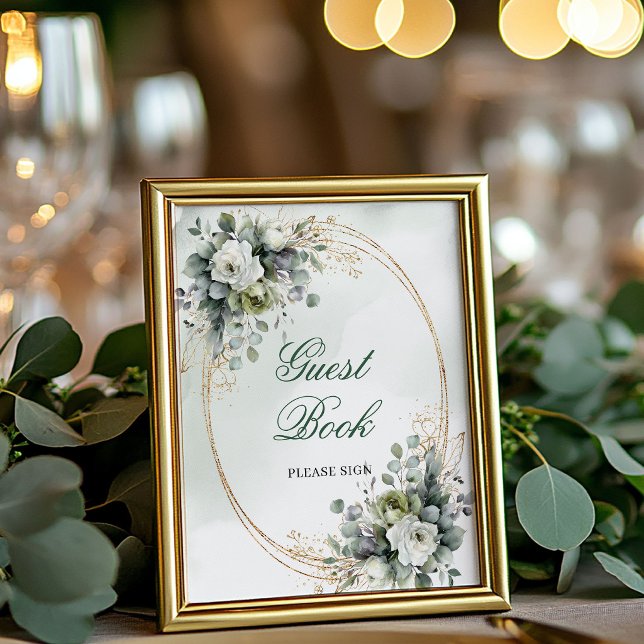 Poster Sinal de Mesa de Livro de Visitas Botânico Verde B (Green White Botanical Guest Book Tabletop Sign)