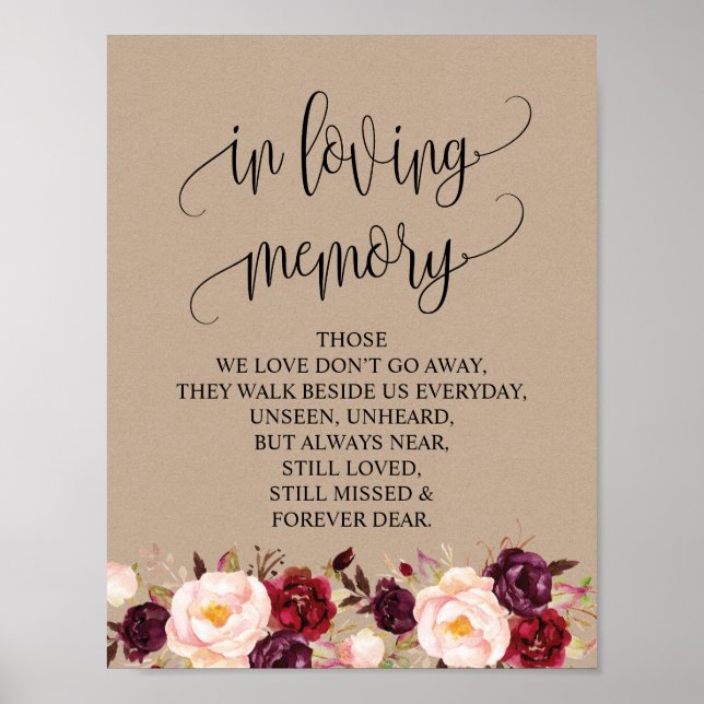 Poster Sinal de Mesa de Memória de Casamento em memória a (Frente)