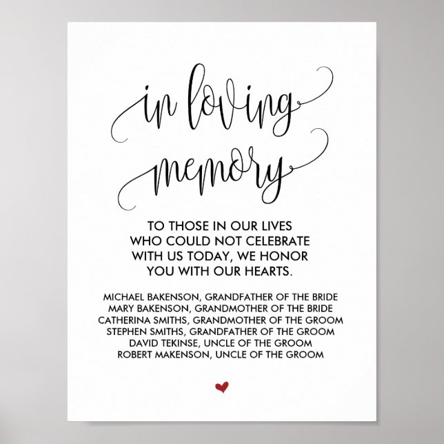 Poster Sinal de mesa de memorial de casamento em memória  (Frente)