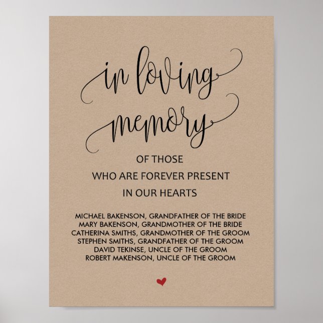 Póster Sinal de Mesa de Memorial de Casamento em memória  (Frente)