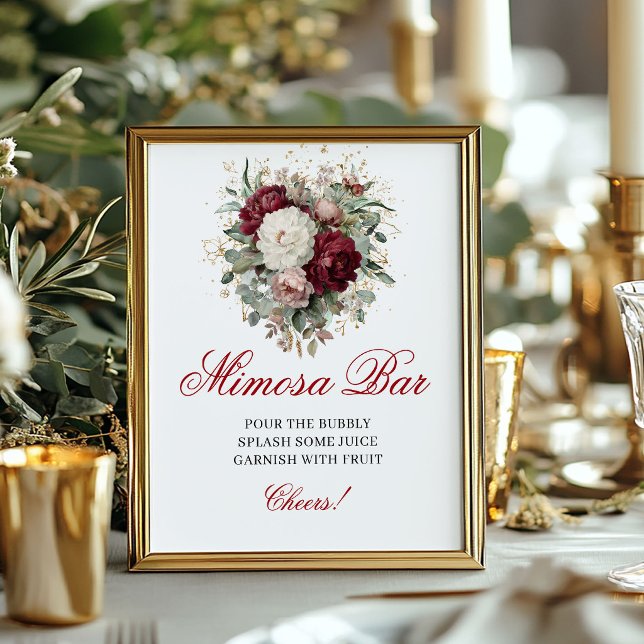 Poster Sinal de Mesa do Bar Mimosa Artístico Bege Borgonh (Artistic Mimosa Bar Blush Burgundy Tabletop Sign)