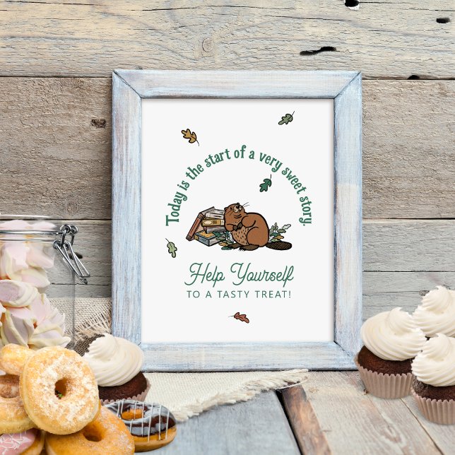 Poster Sinal de Mesa do Chá de fraldas de Stormbook Woodl (Woodland Baby Shower Dessert Table Sign)