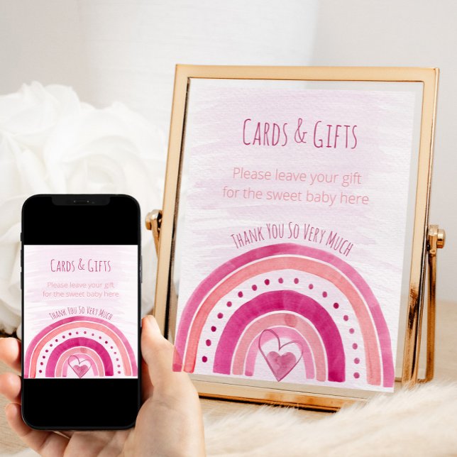 Poster Sinal de Mesa do Chá de fraldas Rosa-Arco-Íris (Pink Rainbow girl baby shower cards and gifts sign)