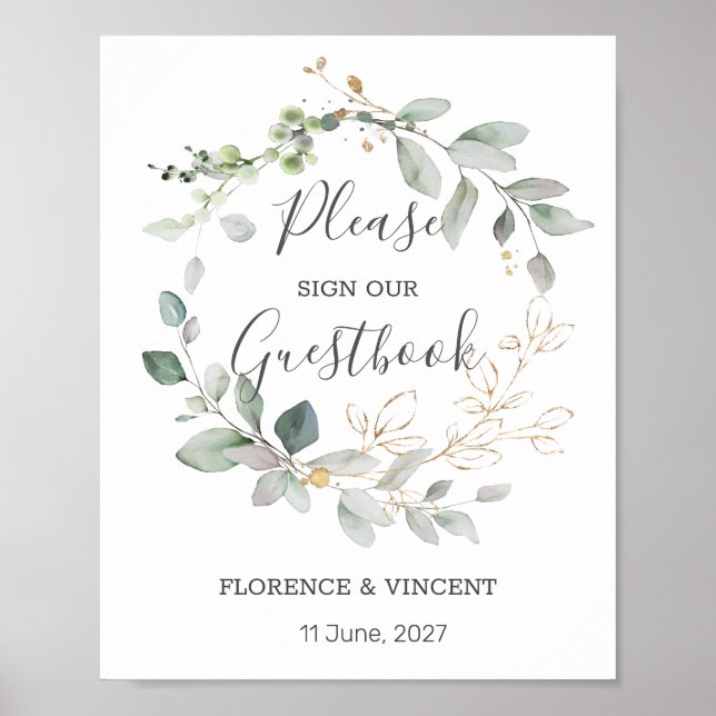 Poster Sinal de mesa do livro de visitas de folhagem verd (Frente)