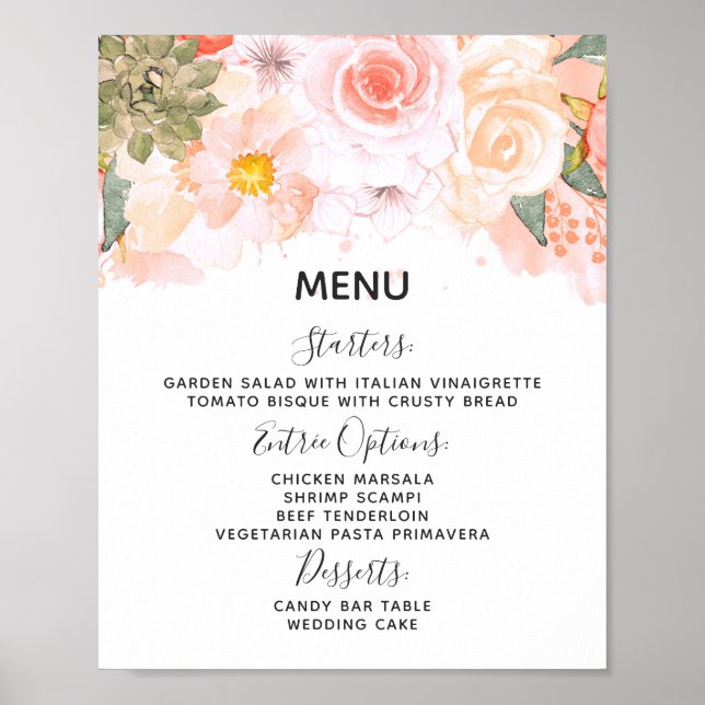 Poster Sinal de Mesa do Menu de Casamento do Peach & Mint (Frente)