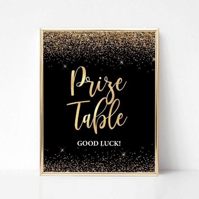 Poster Sinal de Mesa do Prêmio Preto e Dourado Glitter Co (Prize Table Shower Sign, Black & Gold Glitter Confetti 2 Theme, Bridal Shower Sign)