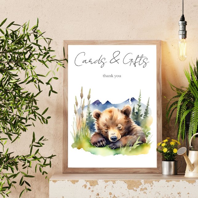 Poster Sinal de mesa do urso de espera chá de fraldas (Bearly wait bear baby shower table sign cards and gifts cute baby bear cub table sign)