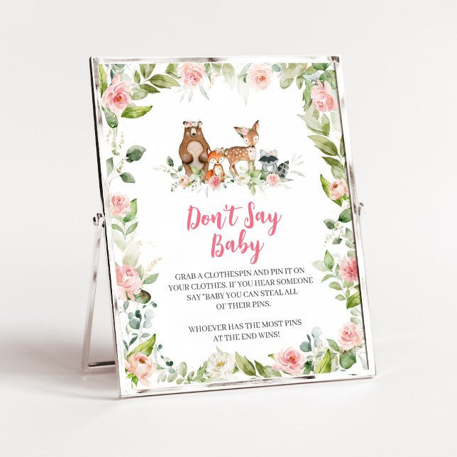 Poster Sinal de Não Diga Bebê para Chá de Bebê Floresta d (Girl Woodland Animals Baby Shower Don't Say Baby Sign)