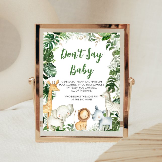 Poster Sinal de Não Diga Bebê para Chá de Bebê Safari Wil (Greenery Jungle Baby Shower Don't Say Baby Sign)