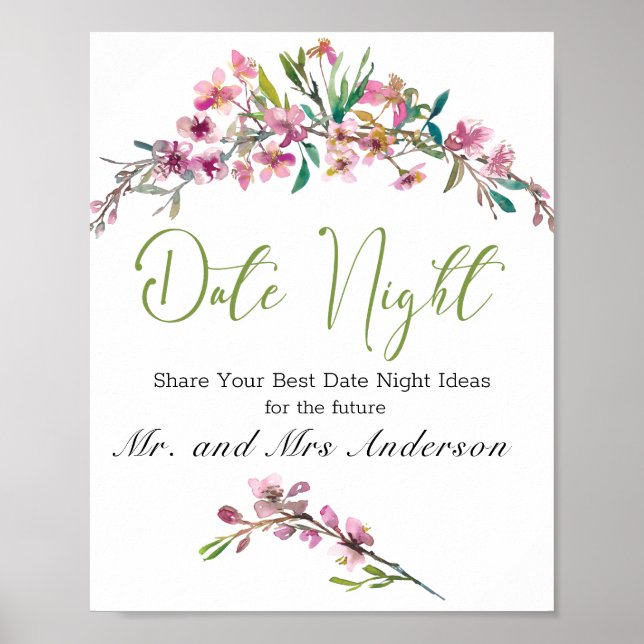 Poster Sinal de Noite de Encontro Floral Elegante com Flo (Frente)