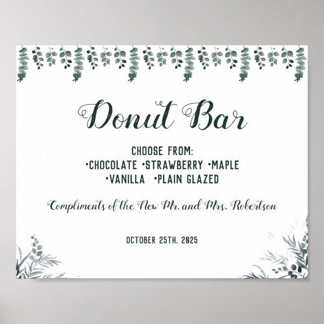 Poster Sinal de Noivado Eucalyptus Donut Bar Casamento Ch (Frente)