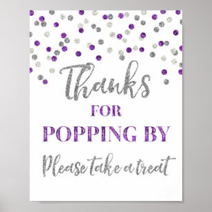Poster Sinal de Obrigado por Passar em Confete Prata Roxo