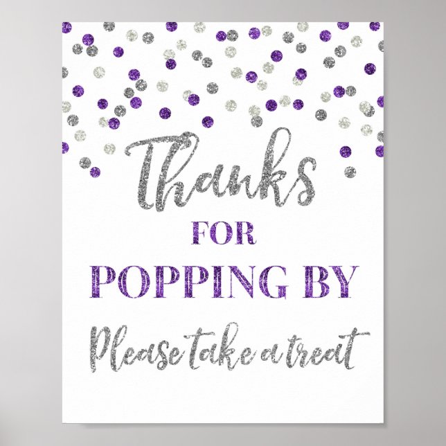 Poster Sinal de Obrigado por Passar em Confete Prata Roxo (Frente)