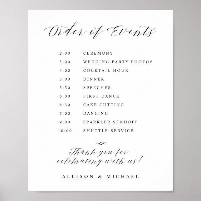 Poster Sinal de Ordem de Casamento Elegante de Script (Frente)