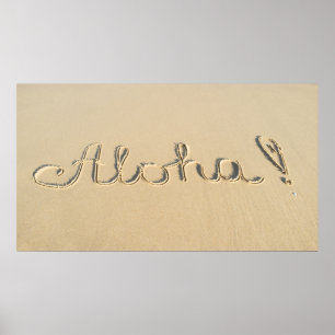 Póster Sinal de palavra Aloha na areia da praia