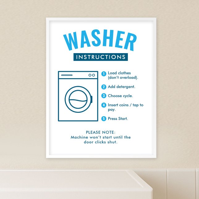 Poster Sinal de Parede de Instruções de Lavadora de Lavan (modern laundromat washer instructions poster template in blue and white with fully customizable text)