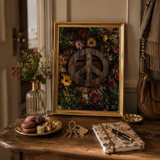 Poster Sinal de paz em madeira rústica com flores silvest (Welcoming entry table with framed peace artwork, flowers, sweet treats, keys, and daily essentials.)