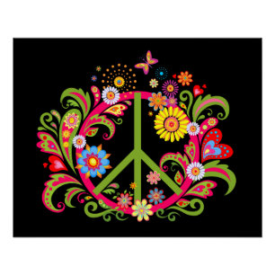Póster Sinal de Paz Floral em Preto