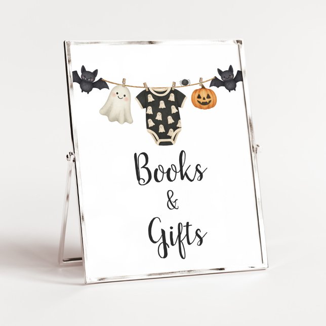 Poster Sinal de Pequenos Livros em Linha de Fechamento de (Halloween Little Boo Clothesline Baby Shower Sign)