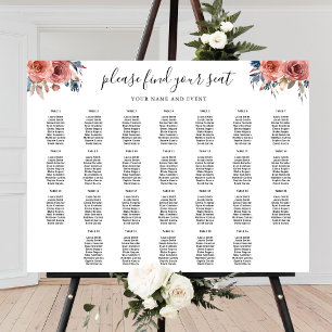 Poster Sinal de Placa Floral Elegante, Rosa e Azul