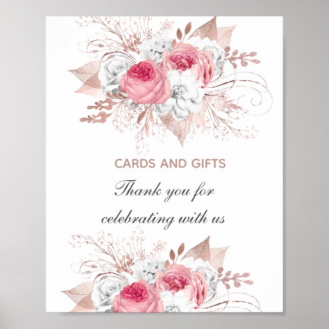 Poster Sinal de Presentes de Casamento Floral Rosa Branco (Frente)