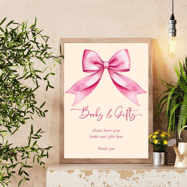 Poster Sinal de presentes de chás de fraldas de fita de a (Pink bow ribbon baby shower books gifts table sign editable template download personalized decor)