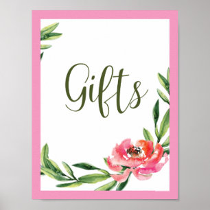 Poster Sinal de Presentes Florais em Aquarela Rosa e Verd