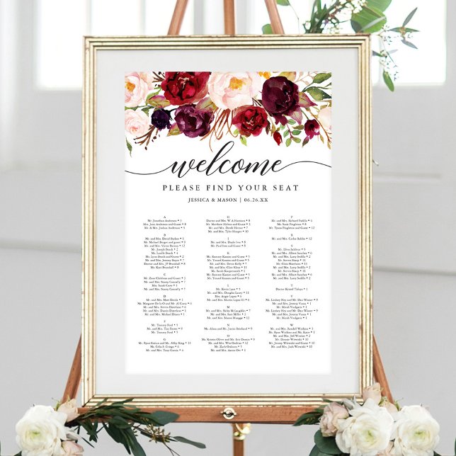 Poster Sinal de Quadro de Assentos de Casamento Burgundy  (Criador carregado)