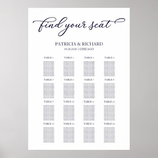 Poster Sinal de Quadro de Assentos de Casamento Chic Azul (Frente)