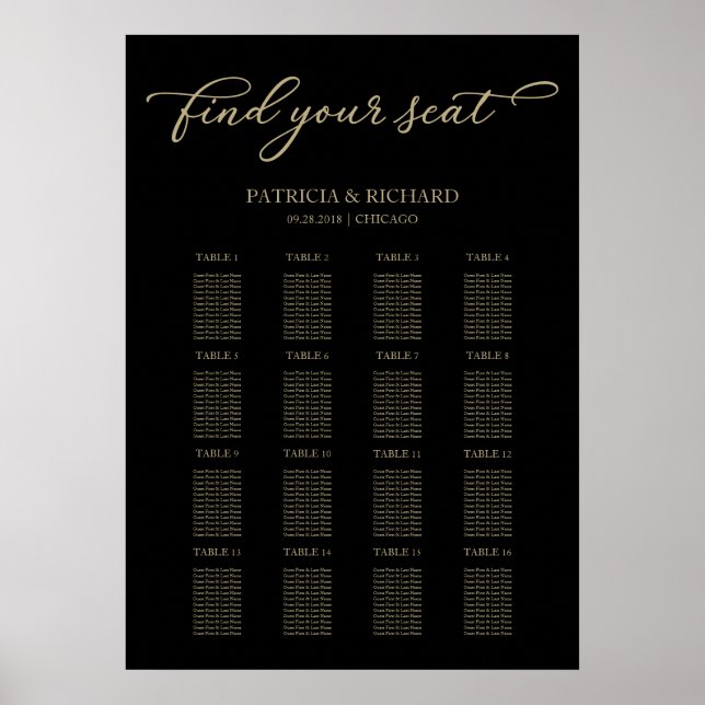 Poster Sinal de Quadro de Assentos de Casamento Chic Dour (Frente)