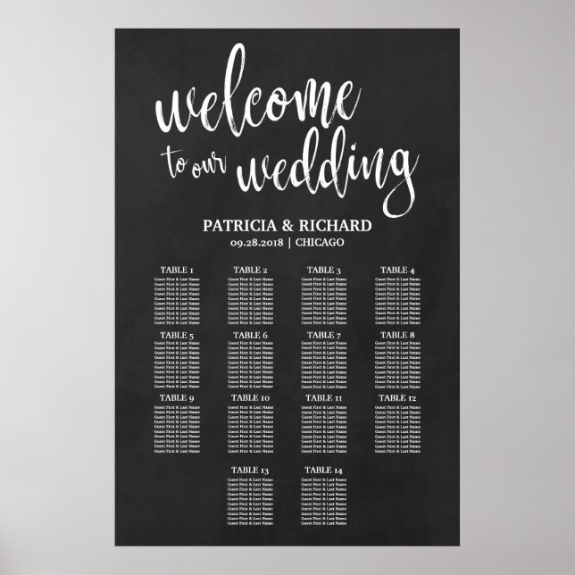 Poster Sinal de Quadro de Assentos de Casamento com 14 Me (Frente)