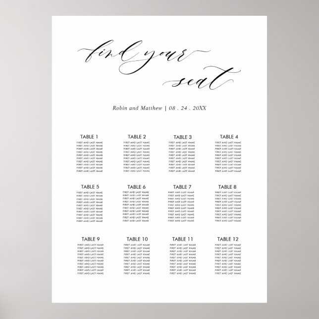 Poster Sinal de Quadro de Assentos de Casamento Elegante (Frente)