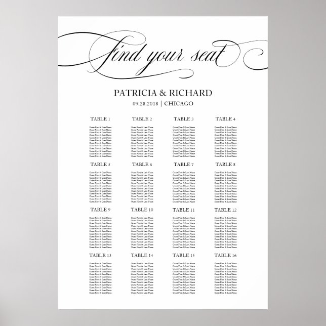 Poster Sinal de Quadro de Assentos de Casamento Escrito P (Frente)